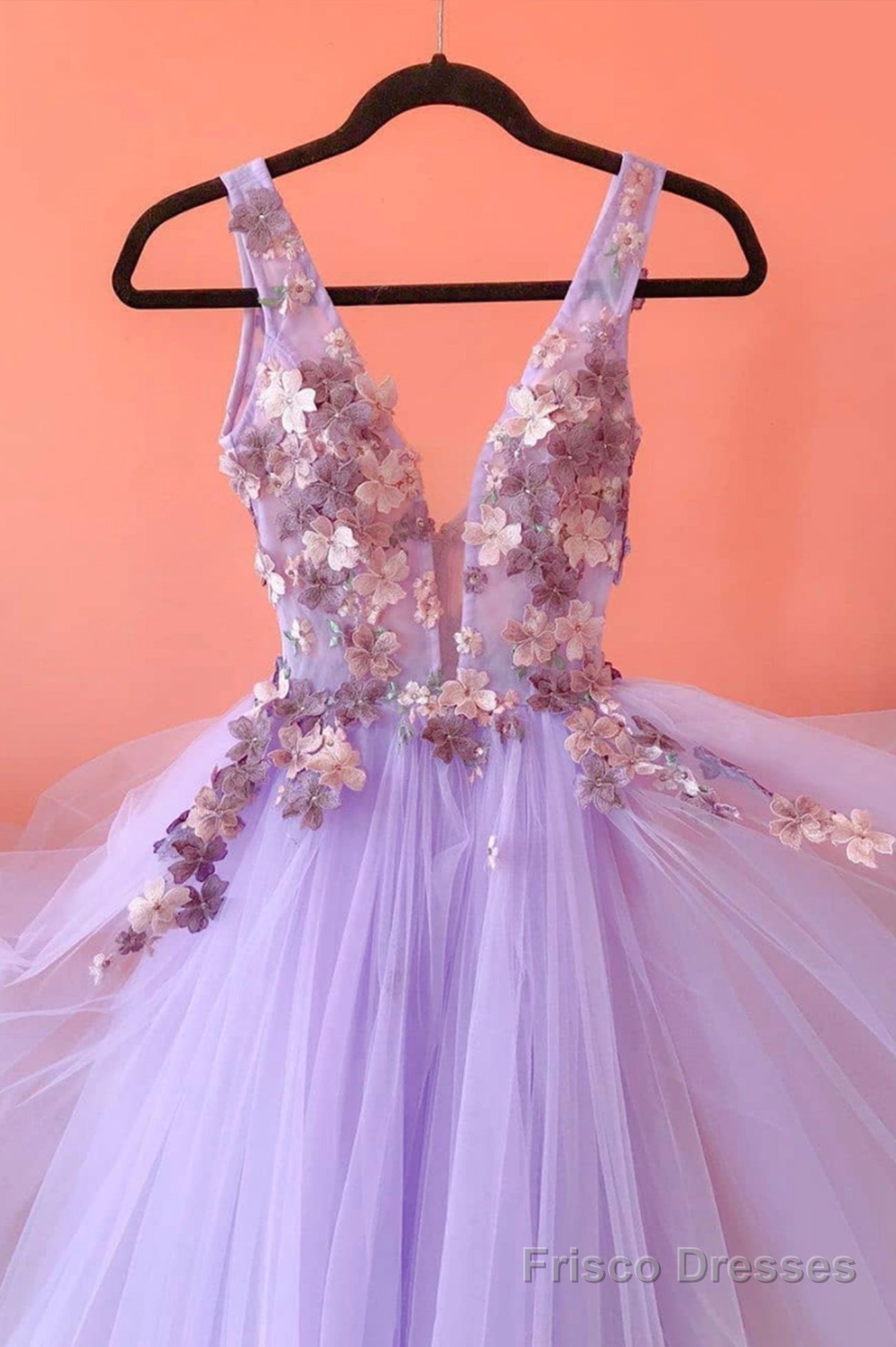 Purple Tulle Lace Long A-Line Prom Dress, V-Neck Evening Party Dress Main image