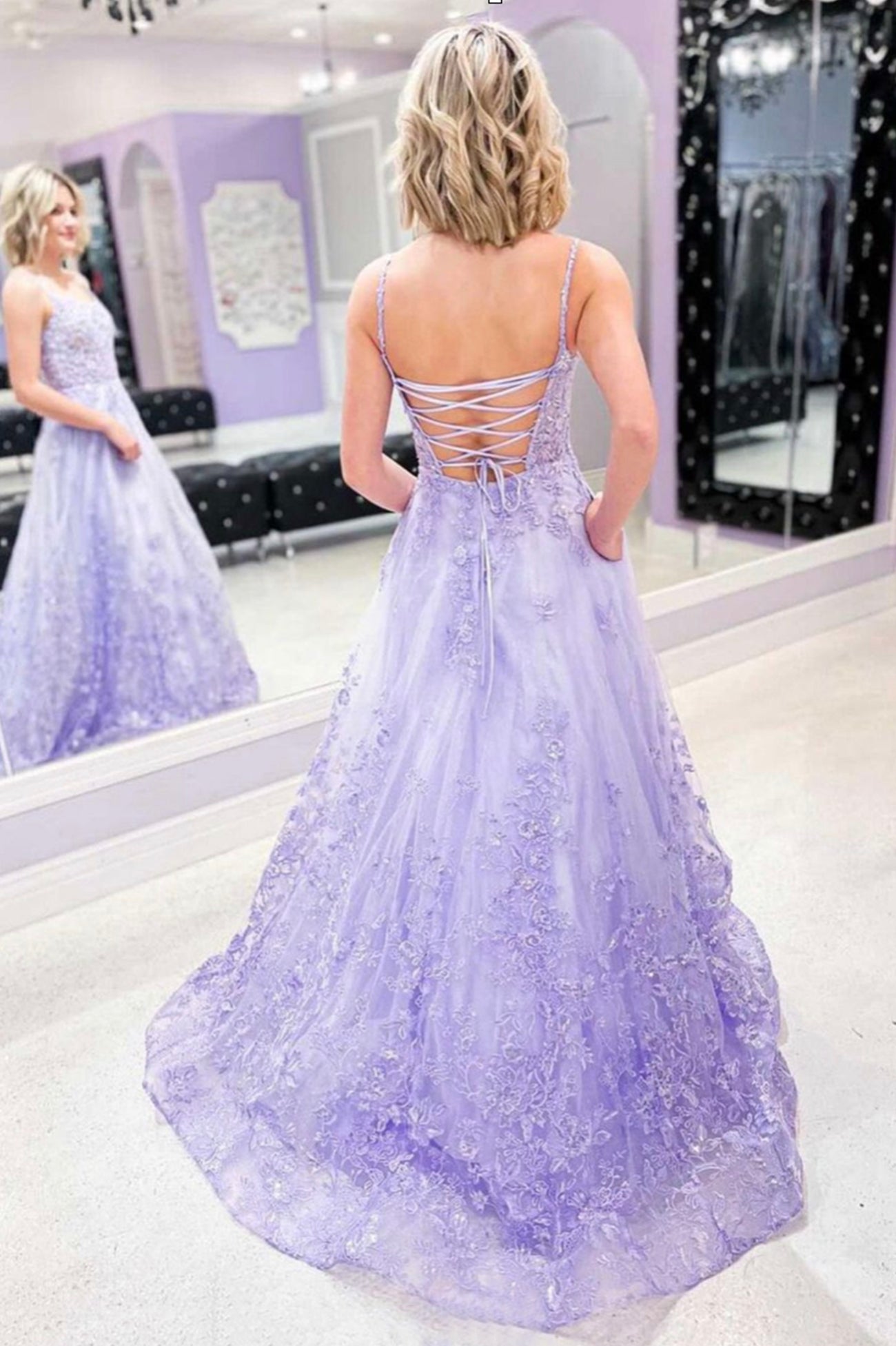 Purple Tulle Lace Long Prom Dresses, A-Line Purple Graduation Evening Dresses