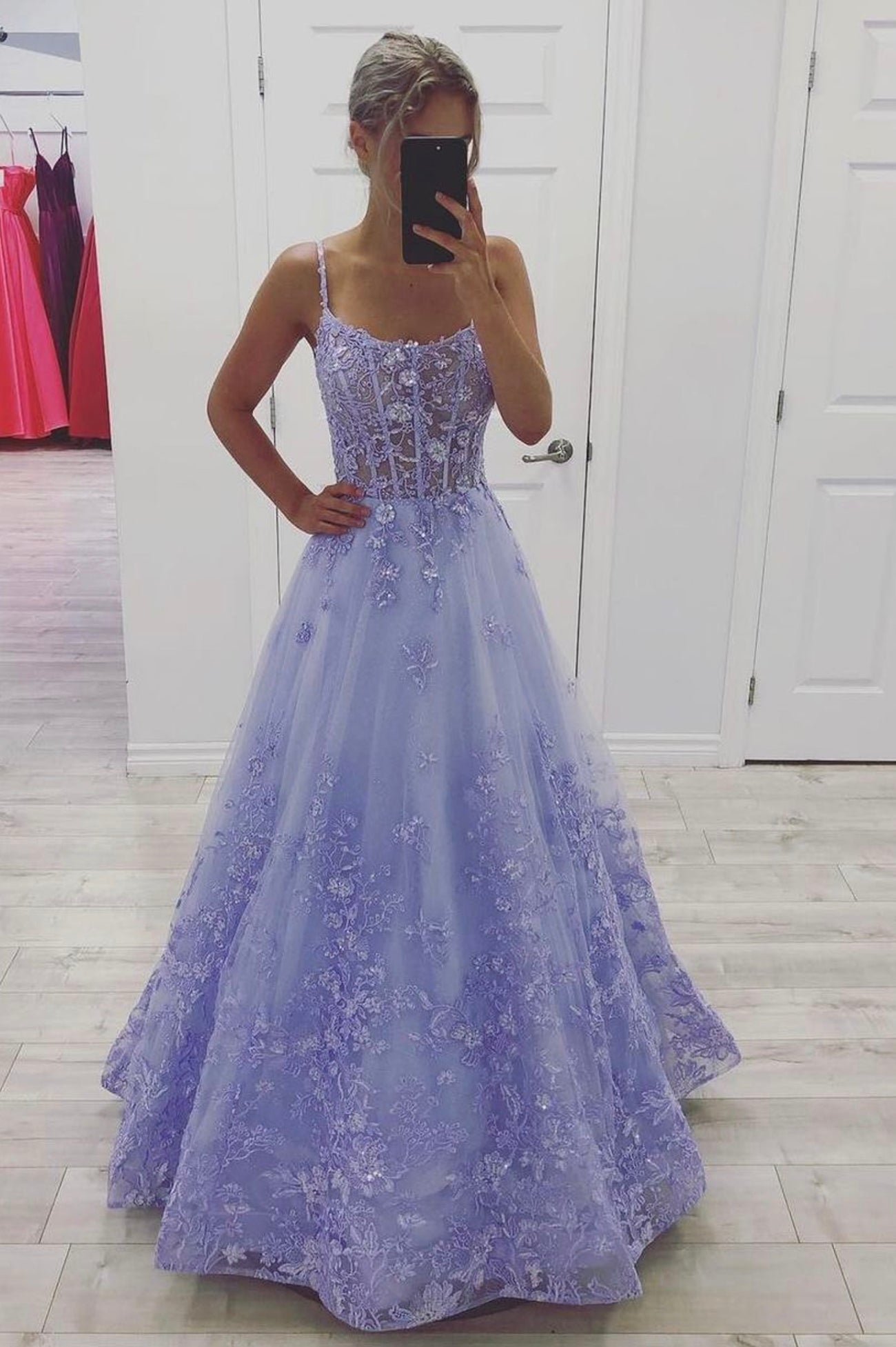 Purple Tulle Lace Long Prom Dresses, A-Line Purple Graduation Evening Dresses