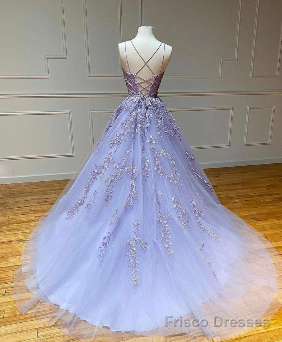 Purple Tulle Lace Long Prom Gown, Lace Tulle Purple Graduation Dresses