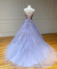Purple Tulle Lace Long Prom Gown, Lace Tulle Purple Graduation Dresses