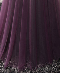 Purple Tulle Lace Off Shoulder Long Prom Dress, Purple Evening Dress