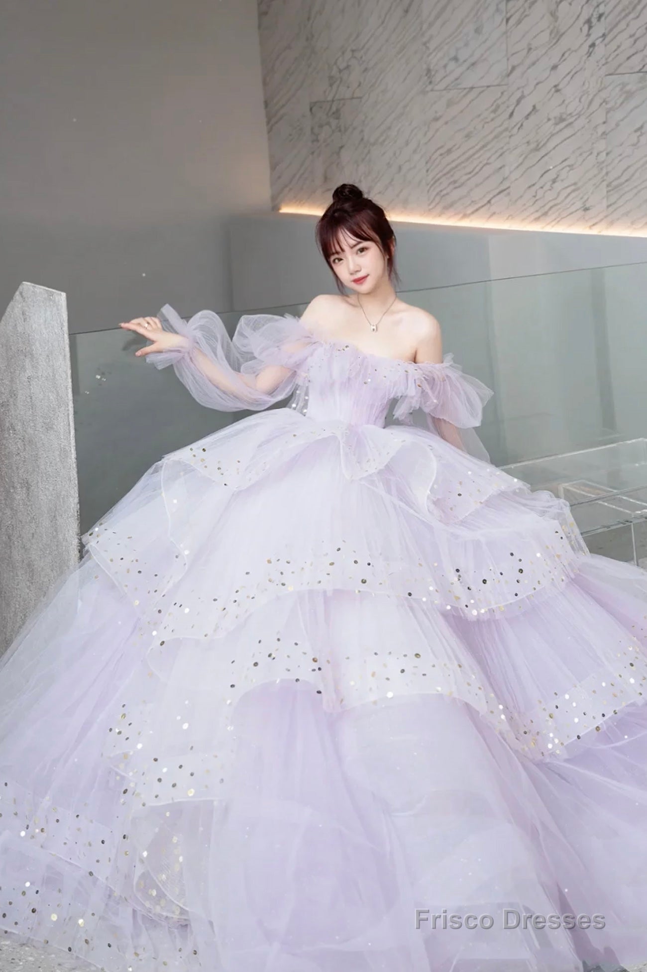 Purple Tulle Layers Long A-Line Prom Dress, Cute Long Sleeve Evening Gown Secondary image