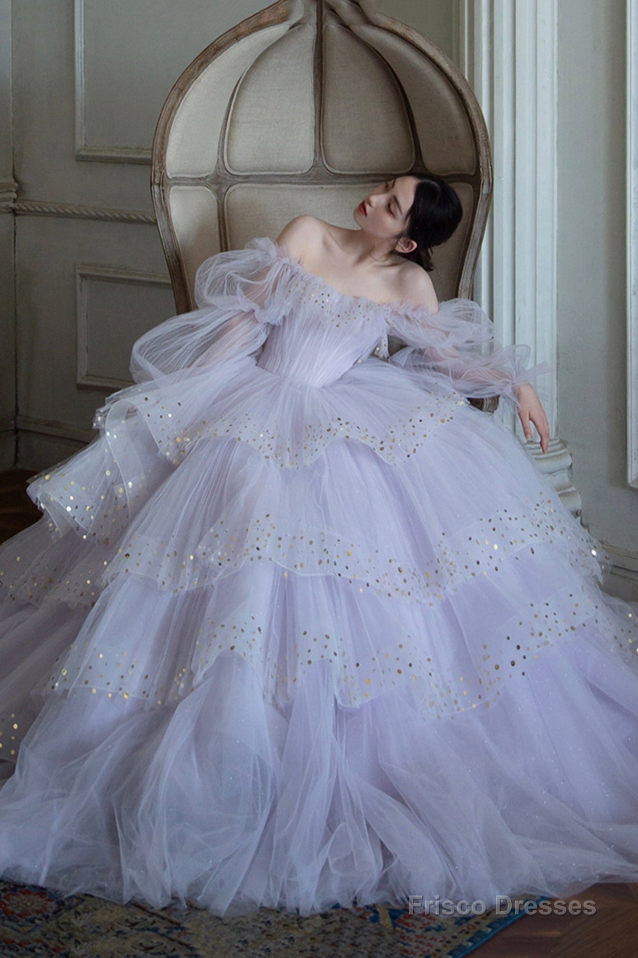 Purple Tulle Layers Long A-Line Prom Dress, Off The Shoulder Evening Gown Secondary image