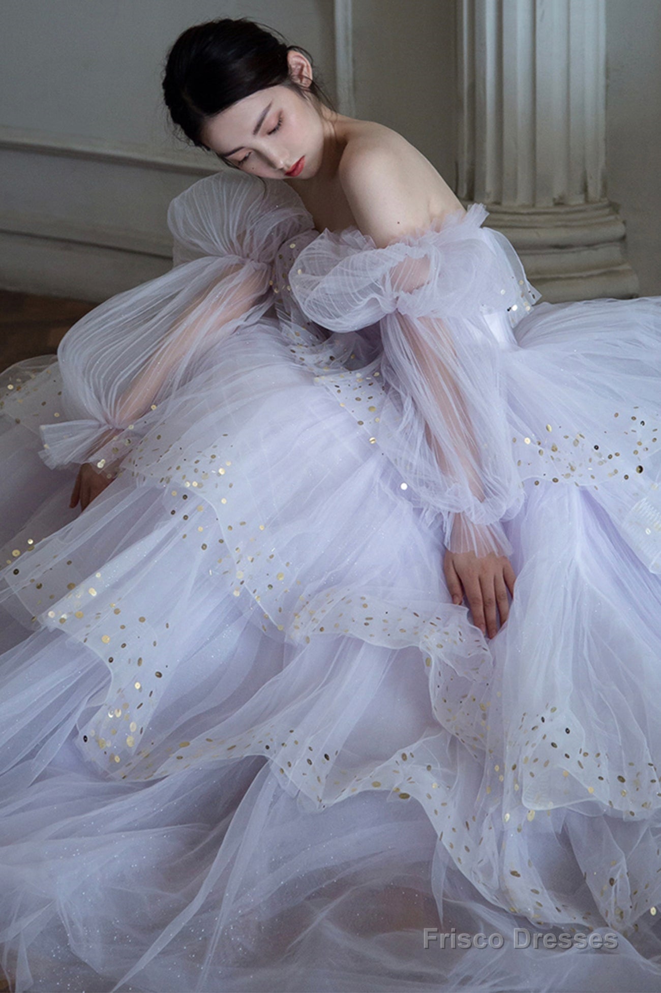 Purple Tulle Layers Long A-Line Prom Dress, Off The Shoulder Evening Gown