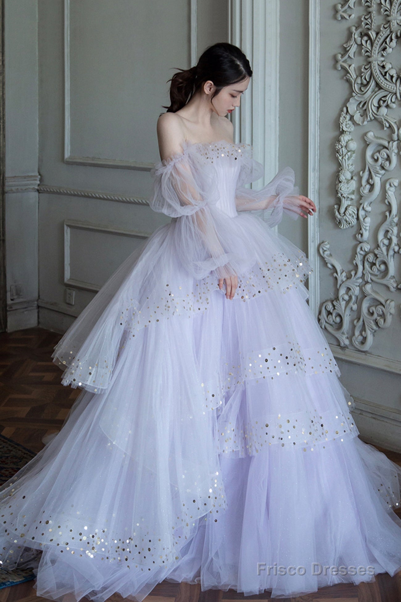 Purple Tulle Layers Long A-Line Prom Dress, Off The Shoulder Evening Gown Main image