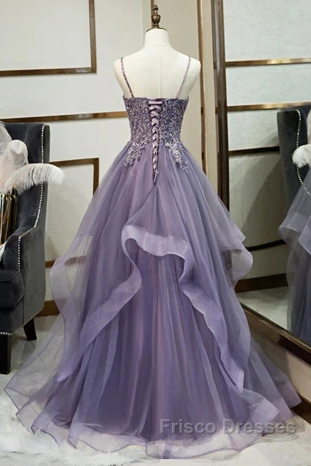 Purple Tulle Layers Long Formal Gown Lace Applique Party Dress A Line Floor Length Formal Prom Dress Secondary image