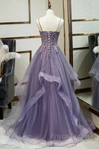 Purple Tulle Layers Long Formal Gown Lace Applique Party Dress A Line Floor Length Formal Prom Dress