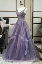 Purple Tulle Layers Long Formal Gown Lace Applique Party Dress A Line Floor Length Formal Prom Dress
