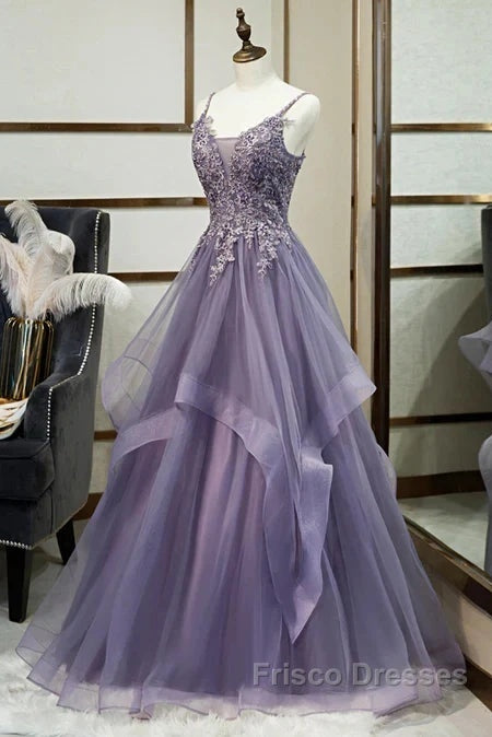 Purple Tulle Layers Long Formal Gown Lace Applique Party Dress A Line Floor Length Formal Prom Dress