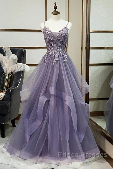Purple Tulle Layers Long Formal Gown Lace Applique Party Dress A Line Floor Length Formal Prom Dress