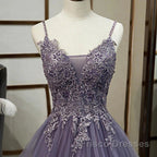 Purple Tulle Layers Long Formal Gown Lace Applique Party Dress A Line Floor Length Formal Prom Dress