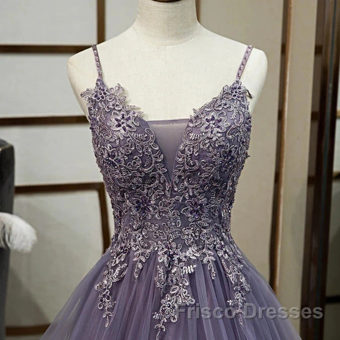 Purple Tulle Layers Long Formal Gown Lace Applique Party Dress A Line Floor Length Formal Prom Dress