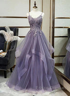Purple Tulle Layers Long Formal Gown Lace Applique Party Dress A Line Floor Length Formal Prom Dress