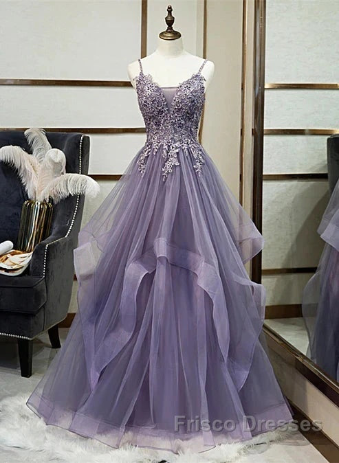 Purple Tulle Layers Long Formal Gown Lace Applique Party Dress A Line Floor Length Formal Prom Dress