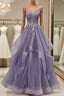 Purple Tulle Layers Long Formal Gown Lace Applique Party Dress A Line Floor Length Formal Prom Dress