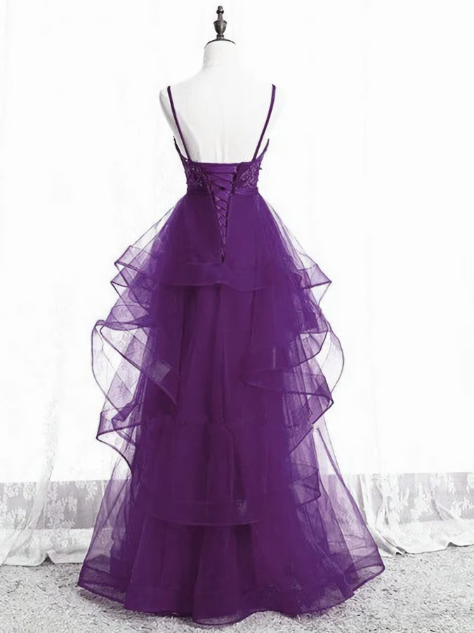 Purple Tulle Layers with Lace Long Evening Dresses, Purple Prom Dress Party Dresses Secondary image
