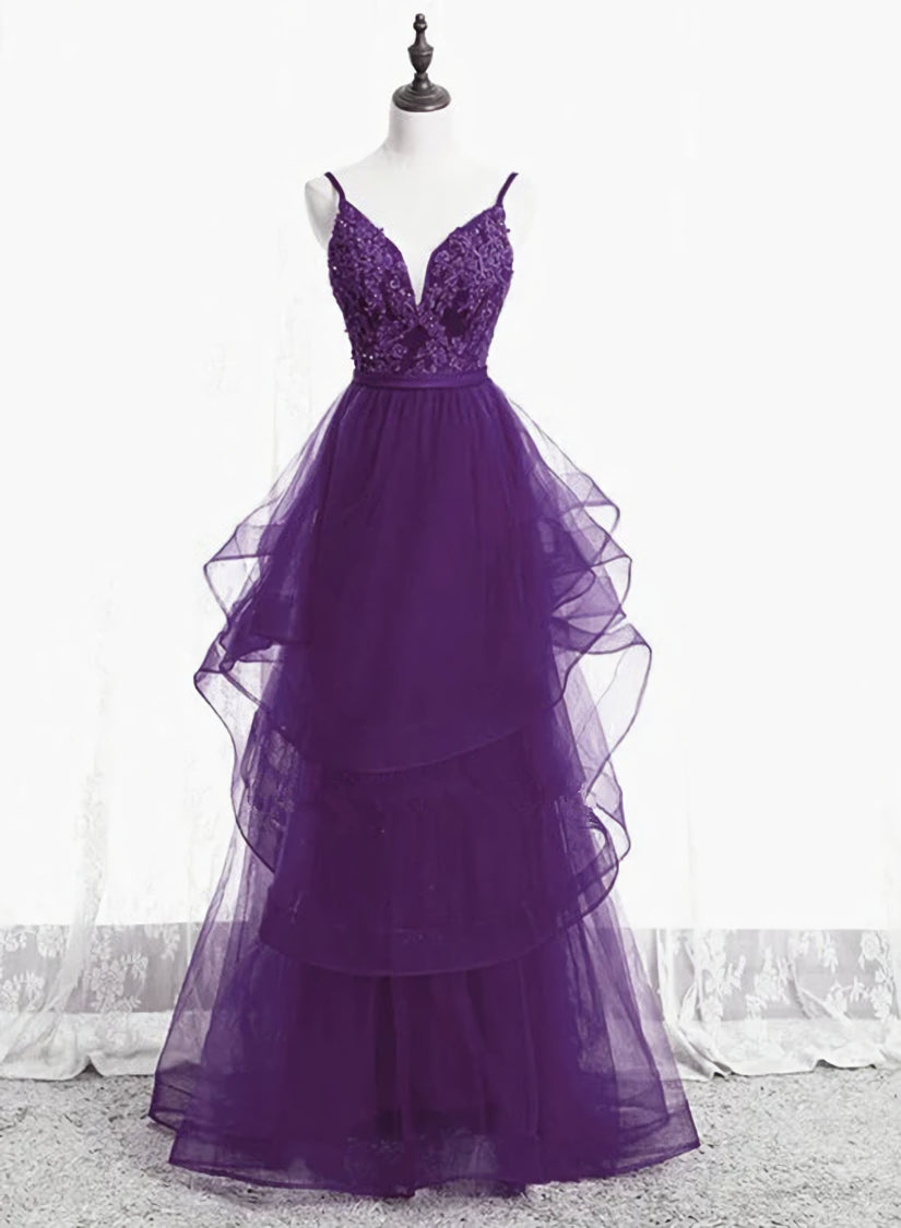 Purple Tulle Layers with Lace Long Evening Dresses, Purple Prom Dress Party Dresses Main image