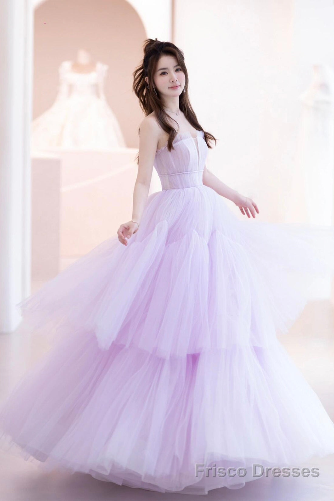 Purple Tulle Long A-Line Formal Dress, A-Line Strapless Evening Party Dress Secondary image
