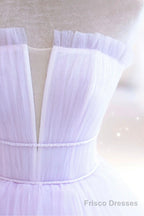Purple Tulle Long A-Line Prom Dress, A-Line Strapless Evening Gown