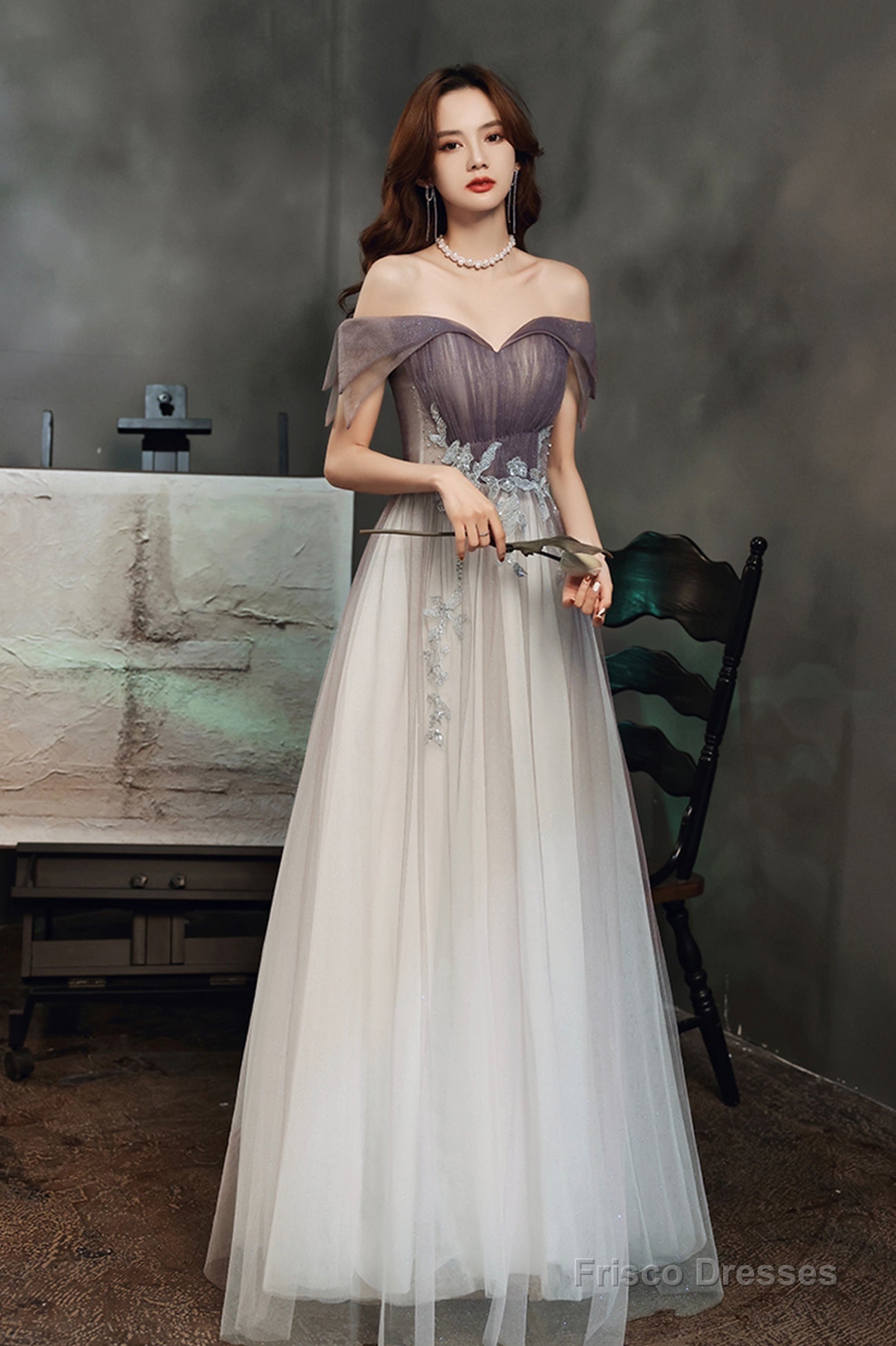 Purple Tulle Long A-Line Prom Dress, Off The Shoulder Evening Graduation Dress Main image
