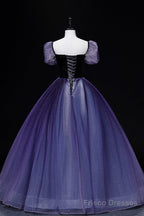 Purple Tulle Long A-Line Prom Dress, Purple Short Sleeve Princess Dress