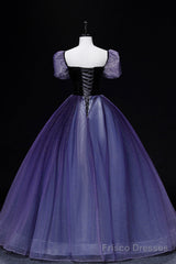 Purple Tulle Long A-Line Prom Dress, Purple Short Sleeve Princess Dress