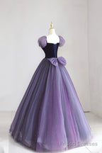 Purple Tulle Long Prom Dress with Velvet, Cute A-Line Short Sleeve Evening Dress