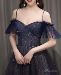 Purple Tulle Off Shoulder A-Line Long Prom Dress, Purple Evening Dress