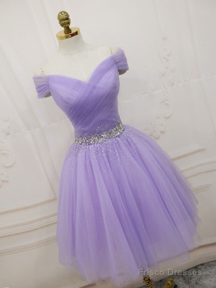 Purple  Tulle Off Shoulder Sequin Short Prom Dress Purple Homecoming Dress Secondary image