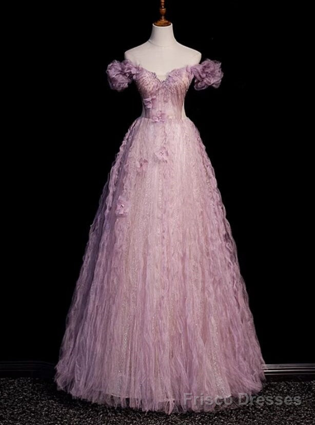Purple Tulle Off the Shoulder Beading Flower Prom Dress Main image