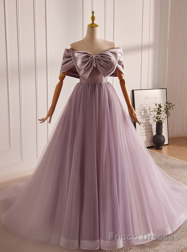 Purple Tulle Off the Shoulder Bow Prom Dress Main image