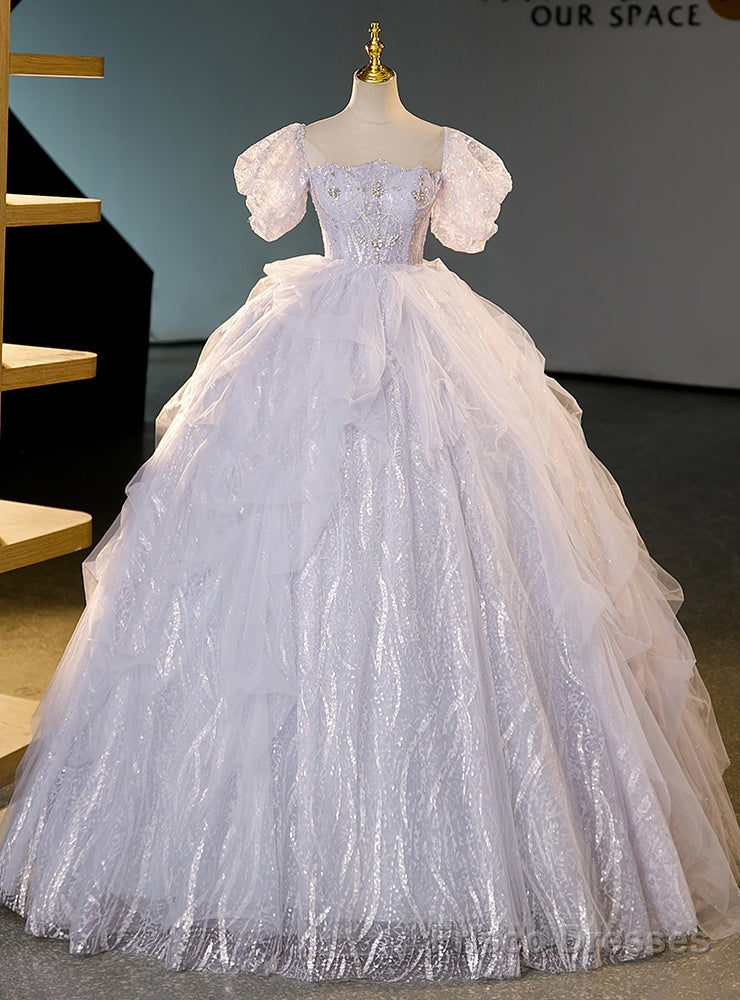 Purple Tulle Puff Sleeve Sequins Beading Quinceanera Dress Main image