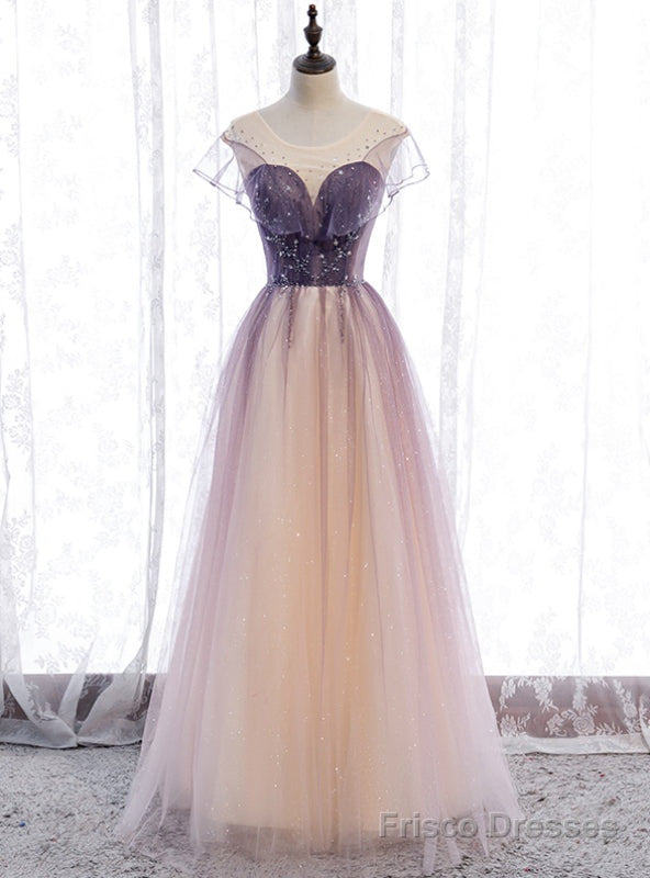 Purple Tulle Scoop Sleeve Beading Sequins Prom Dress Main image