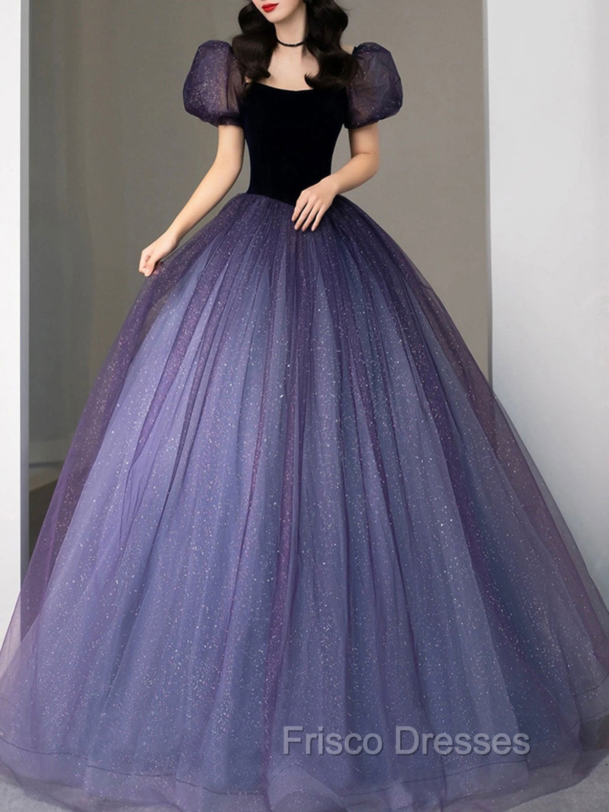 Purple Tulle Sequin Long Formal Prom Dress, Purple Evening Dress