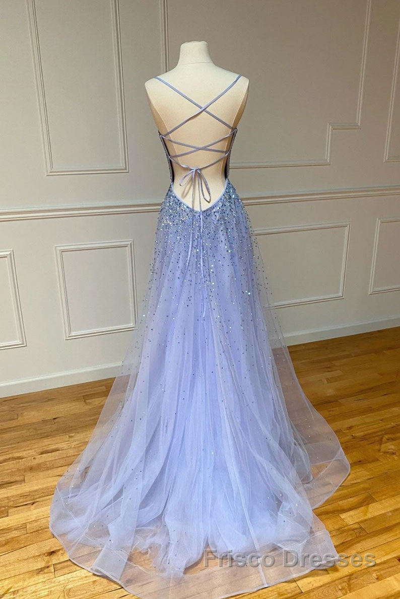 Purple tulle sequin long Formal Prom Dresses tulle formal Dresses