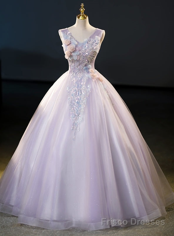 Purple Tulle Sequins Appliques V-neck Quinceanera Dress Main image