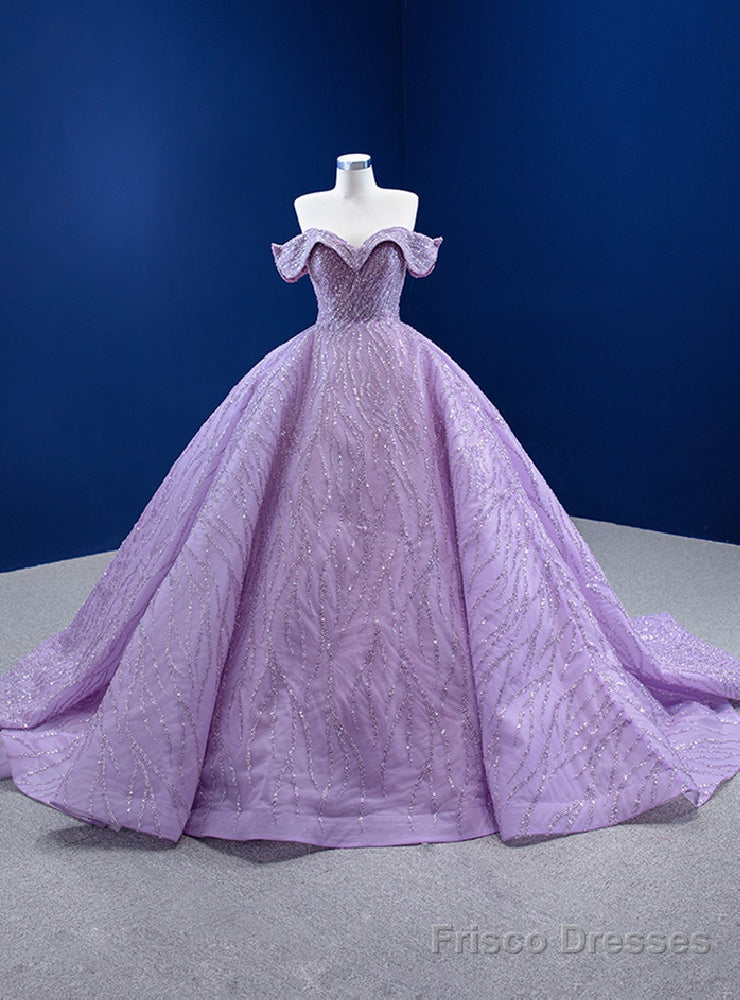 Purple Tulle Sequins Beading Off the Shoulder Prom Dress Main image