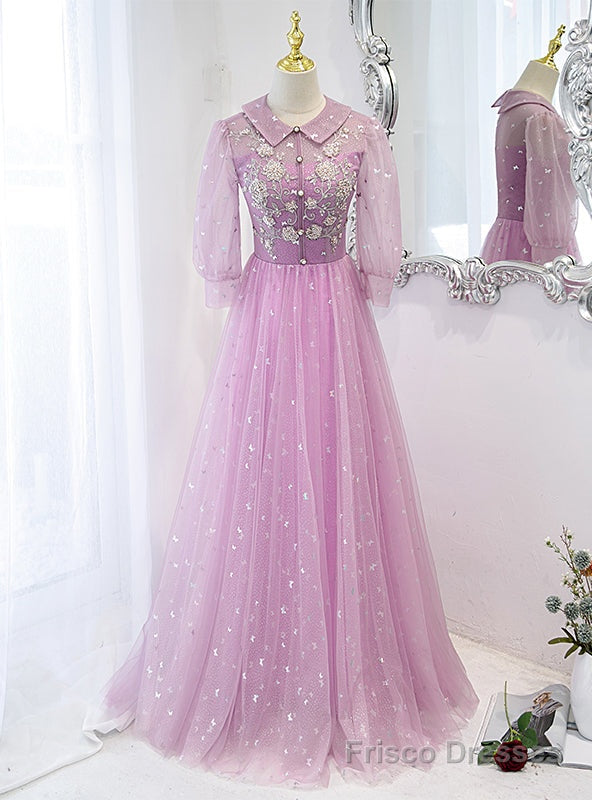 Purple Tulle Sequins Beading Short Sleeve Prom Dress Main image