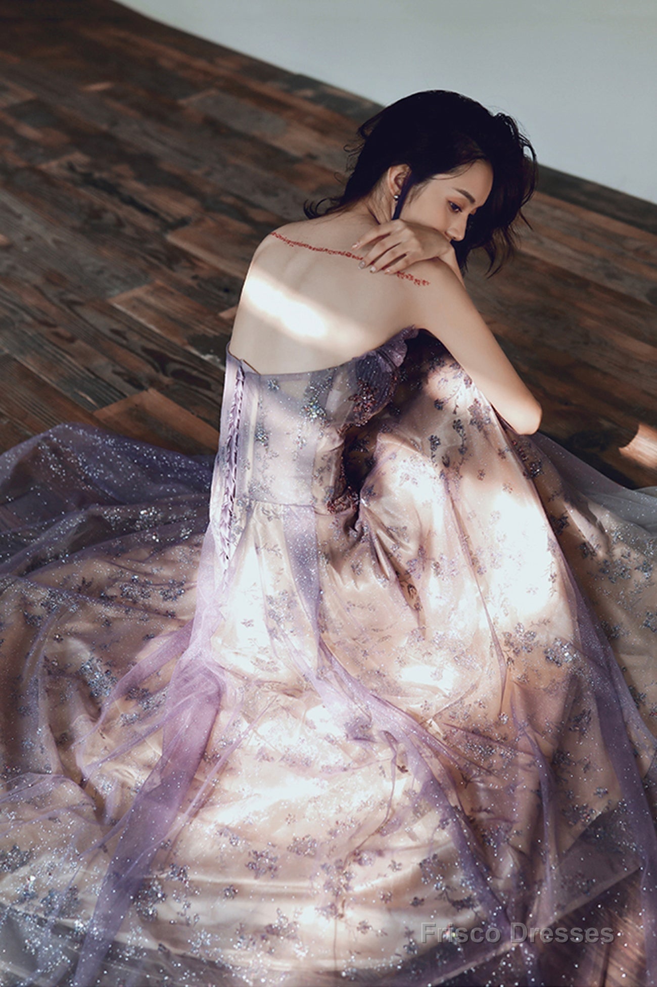 Purple Tulle Sequins Long Prom Dress, A-Line Strapless Evening Party Dress