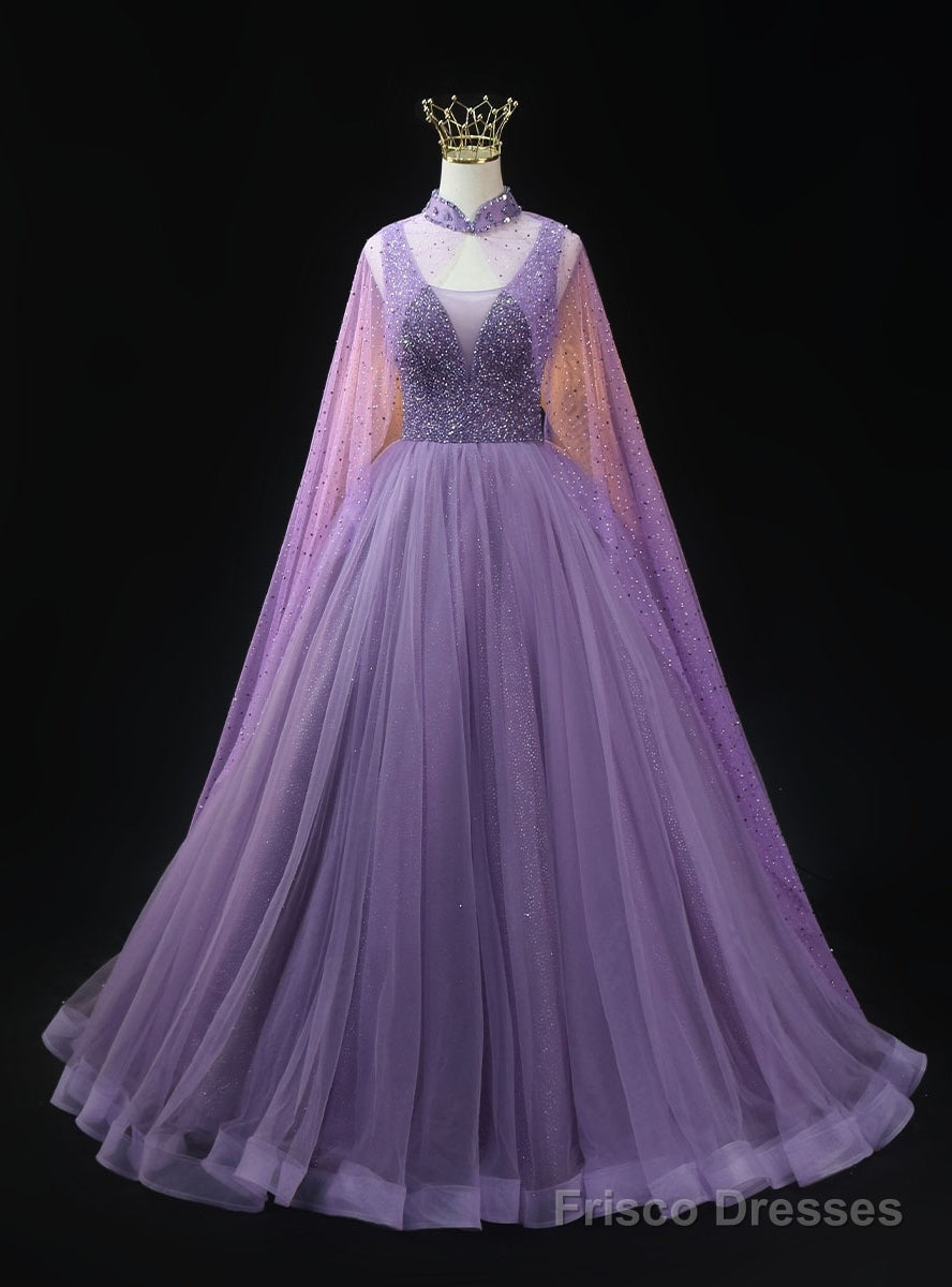 Purple Tulle Sequins V-neck Beading Prom Dress Main image