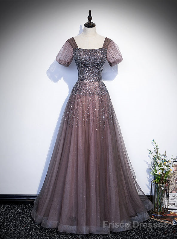 Purple Tulle Square Short Sleeve Beading Prom Dress