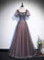 Purple Tulle Square Short Sleeve Beading Prom Dress