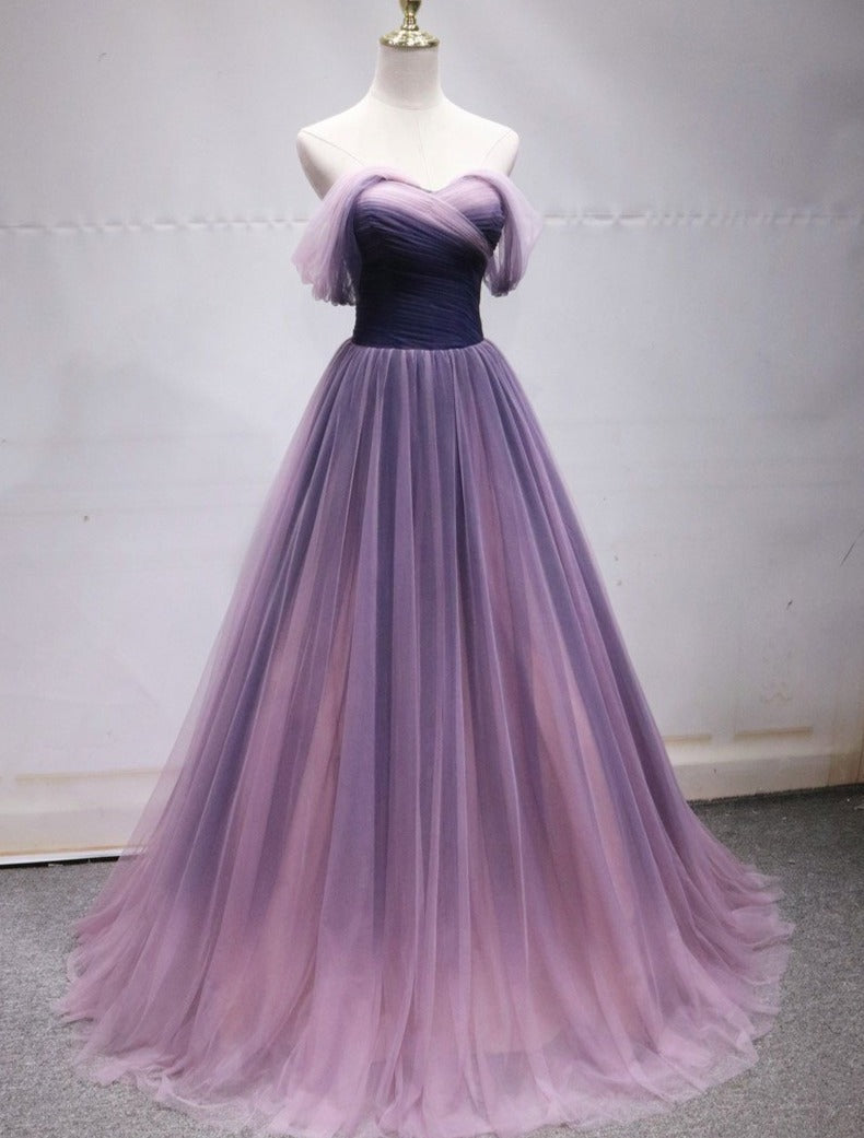 Purple Tulle Sweetheart Gradient Off Shoulder Long Party Dress, A-Line Tulle Prom Dress Party Dress