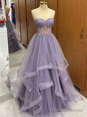 Purple Tulle Sweetheart Pearls Prom Dress