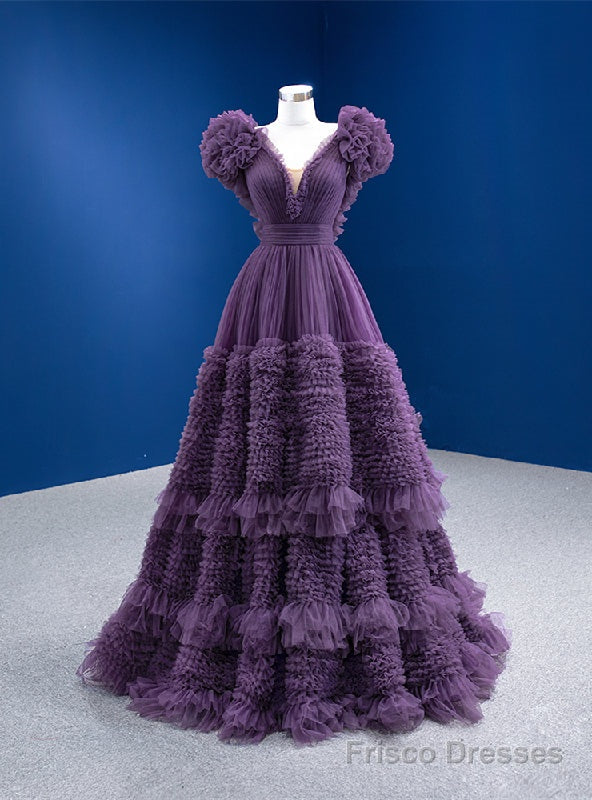 Purple Tulle V-neck Pleats Prom Dress Main image