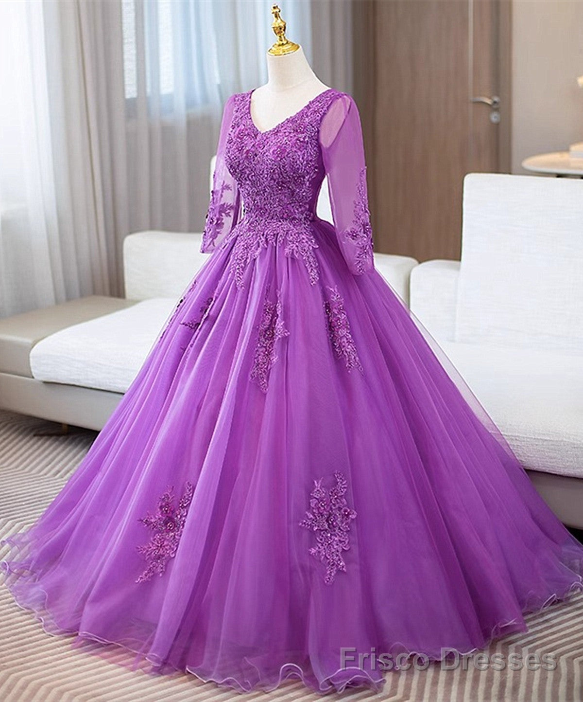 Purple Tulle with Lace Applique Long Sleeves Party Dress, Purple Tulle Prom Dress Secondary image