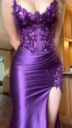 Purple V-Neck Appliques Lace Party Dress With Side Slit