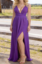 Purple V Neck Chiffon Floor Length Bridesmaid Dresses Long Bridesmaid Dress With Pleated Split