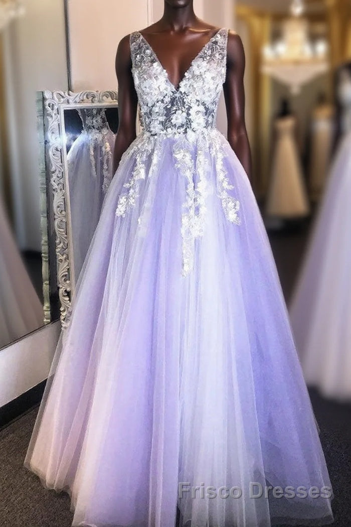 Purple v neck lace applique long Formal Prom Dresses purple formal Dresses Main image